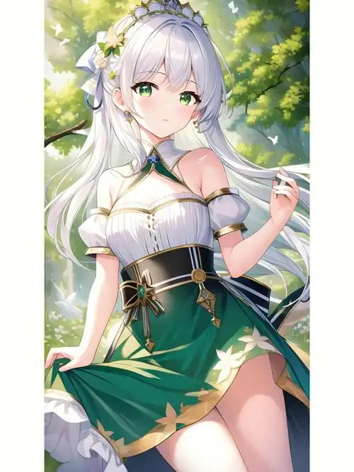 花园绿树下翡翠绿长裙女孩动漫二次元绘画