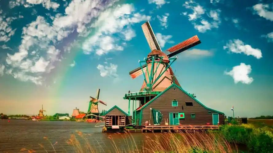 风景,天空,彩虹,风车,风景,蓝天下的风车壁纸