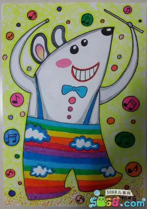 老鼠指挥家动物油画棒教师范画_蜡笔画 - 5068儿童网