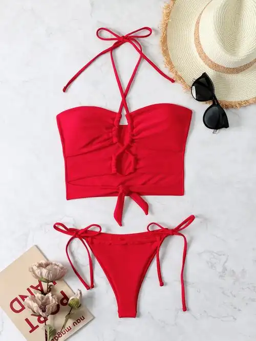 镂空分体泳衣纯色bikini系带泳装带胸垫大温泉比基尼