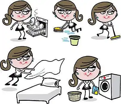 卡通,选择,忙碌,主妇,清洁,整理,房子,洗碗机,擦洗,地面,真空吸尘器