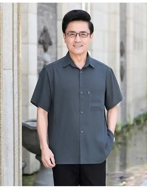 啄木鸟品牌中老年男士夏装套装爸爸夏天短袖衬衫老年人衣服爷爷夏季