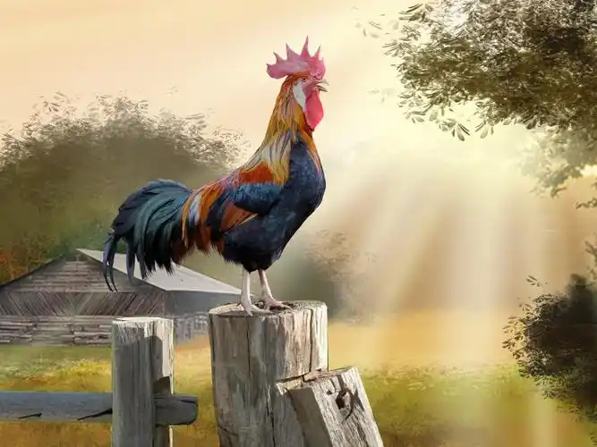 早上,公鸡,树木,小屋,美术图片