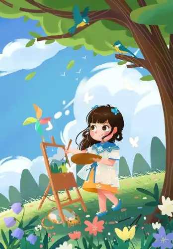 夏天在草坪画画的女孩