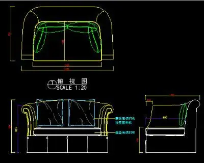 现代双人沙发cad三视图下载