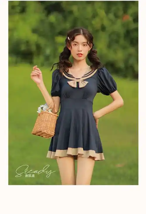 洛丽塔泳衣洛丽塔少女jk泳装水手服学院风复古显瘦遮肚温泉保守游泳衣