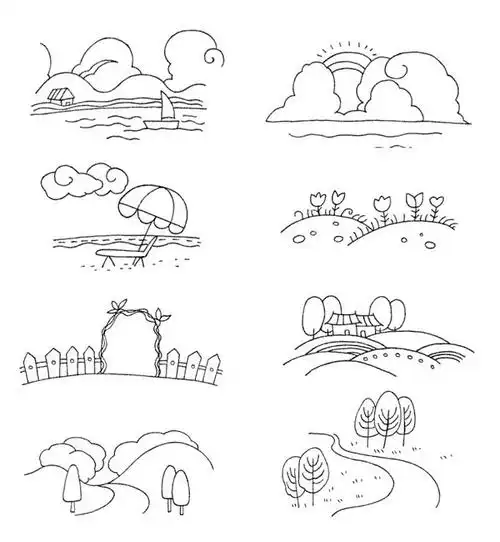 一组简单的风景简笔画风景素描图片素材