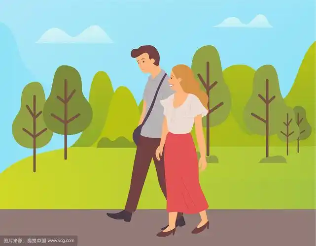 一对在公园里一起散步的卡通人物