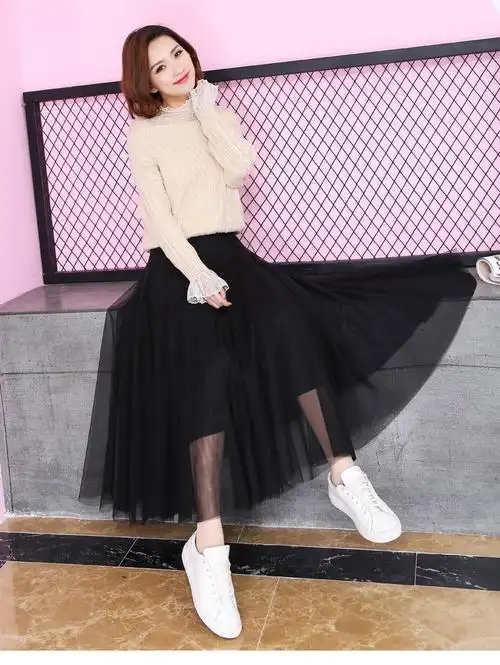 纱纱裙半身网纱半身裙女中长款2022春夏黑色高腰百褶垂感网纱裙蕾丝