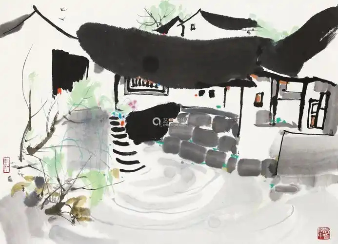 吴冠中19192010水边人家镜心设色纸本