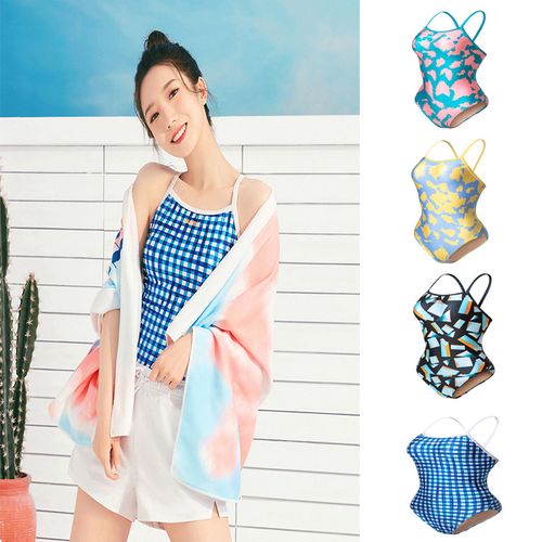 barrel2021孟美岐同款竞速泳衣印花专业连体三角高叉泳衣格子元素