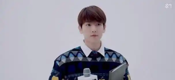 顺毛伯贤身穿套头花毛衣内搭白衬衫,气质清新干净,巴掌脸显得肩膀更