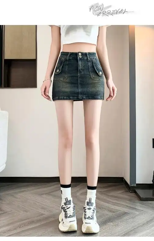 实拍现货防走光牛仔半身裙女怀旧设计感显瘦高腰牛仔短裤包臀裙 - 17