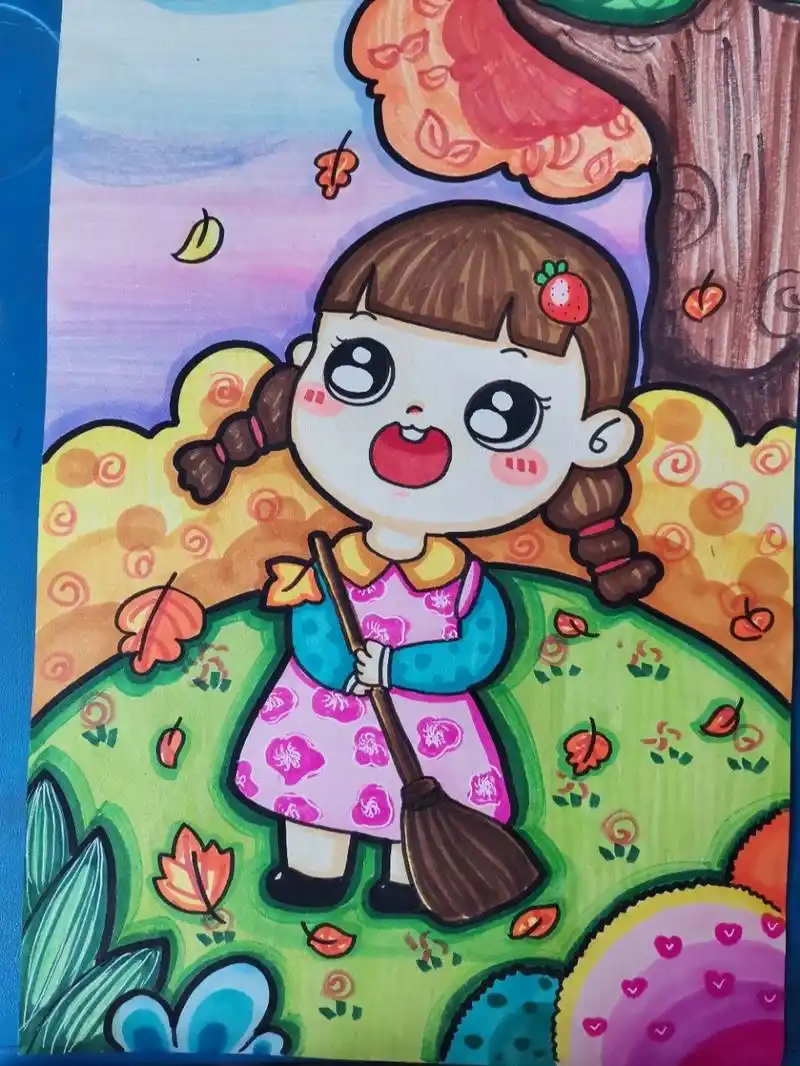 秋天儿童画 临摹老师的! 可以用作我的家乡,快乐的童年,秋天.