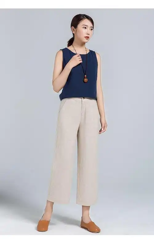 【女装新款】亚麻阔腿裤女夏季薄款宽松棉麻裤女装白色直筒裤子九分裤