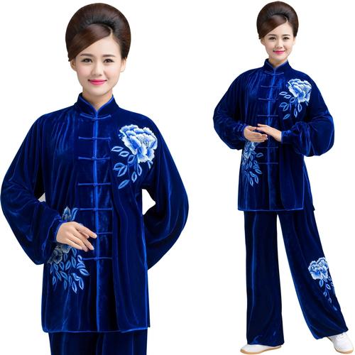 新款秋冬高档金丝绒太极服比赛服晨练宝石蓝色女太极拳演出表演服