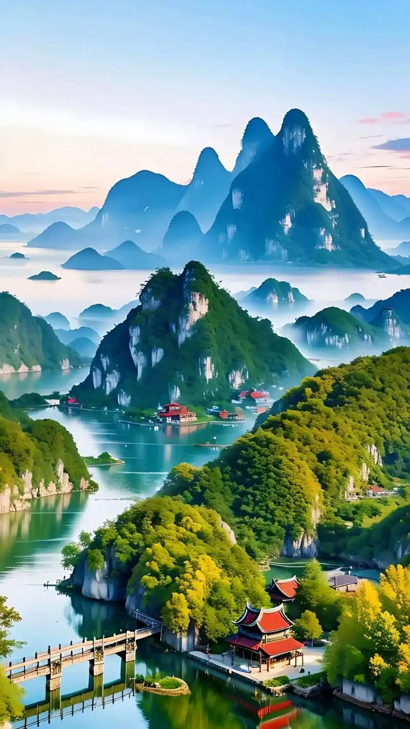 人间仙境世外桃源江南小镇,春天的桂林山水美景,青山绿水,红色的