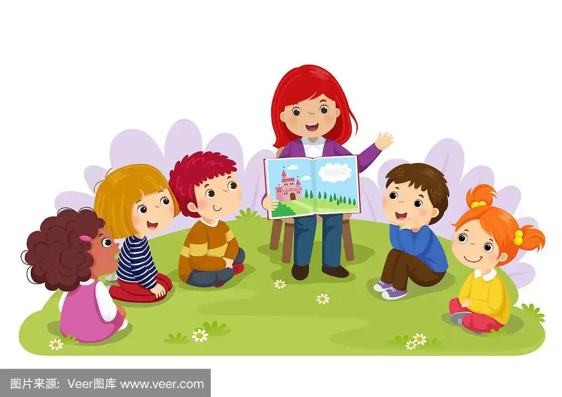 老师在花园里给幼儿园的孩子们讲故事