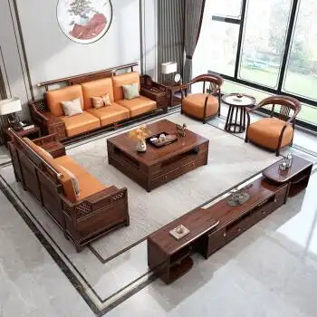 木栾乌金木沙发新中式现代实木大户型客厅123贵妃沙发家具组合套装