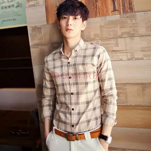 alexwiner wu 男装修身格子衬衣男士长袖衬衫休闲型x927 x米色 175(l)