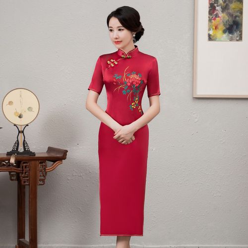 鸿韵绣真丝旗袍短袖中长款夏季修身时尚红色旗袍敬酒礼服高档手绘旗袍