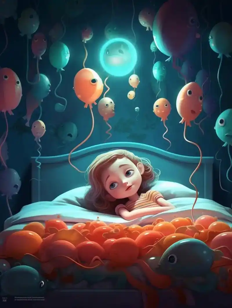 midjourney绘图梦中的画面 关键词:一个可爱的小女孩躺在床上做梦