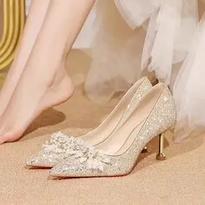 禾秀婚纱两穿水晶鞋女不累脚秋冬伴娘鞋结婚法式高跟鞋新娘主婚鞋