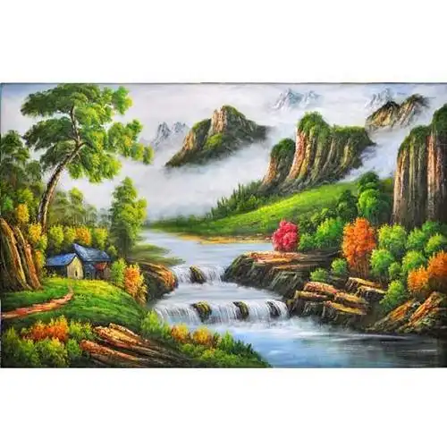 瀑布河流大海流水生财招财风水画树林森林自然风景中堂装饰画240