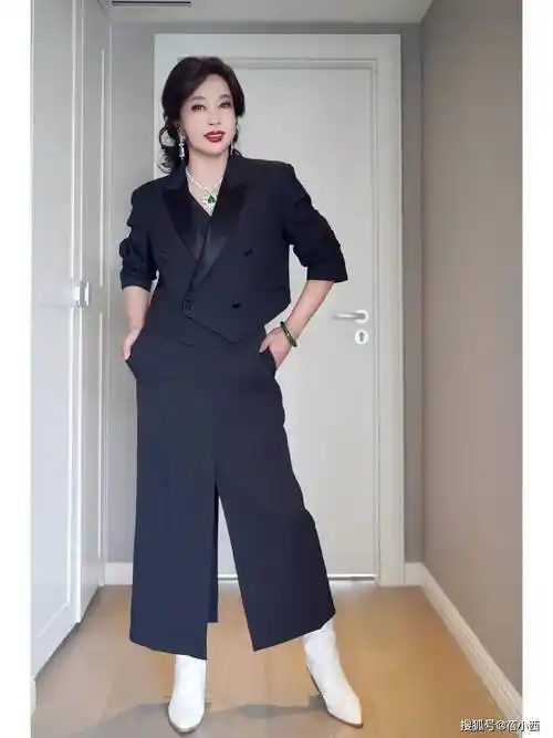 又被刘晓庆惊艳到!穿短西装 小黑裙 长筒靴亮相,贵妇气质太明显