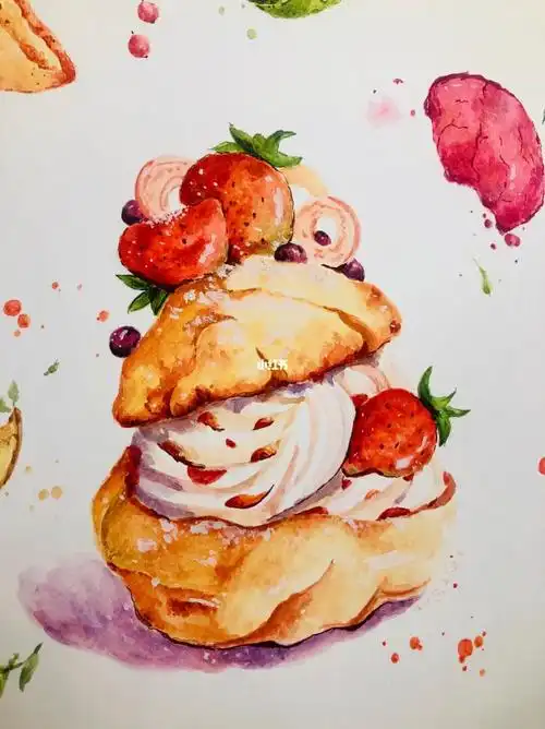 水彩手绘甜品泡芙马卡龙插画