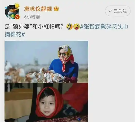 张智霖却变成了"狼外婆",袁咏仪还特意找出了魔童小时候戴着头巾的