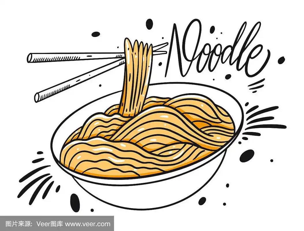 白碗里的亚洲面条.手绘矢量插图.