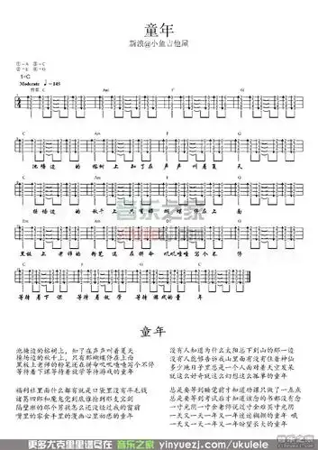 小鱼吉他屋版 罗大佑《童年》尤克里里弹唱谱