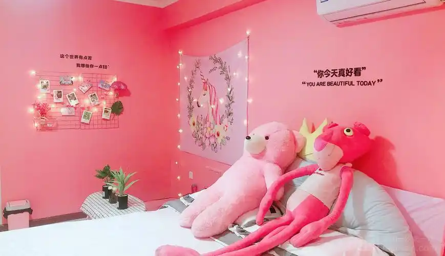 房间粉粉的,适合老夫的少女心,包括晚上开一些ins灯