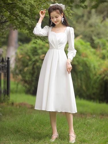 中长款法式连衣裙女白色小晚礼服平时可穿订婚领证轻婚纱洋装秋季