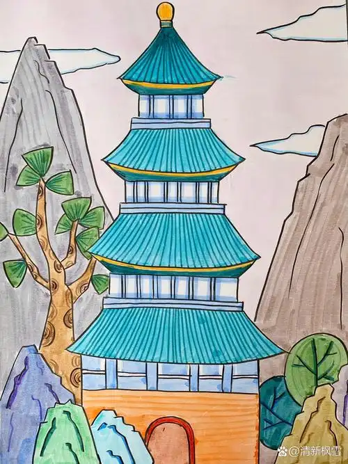 中国古建筑儿童画 简笔画 附绘画步骤