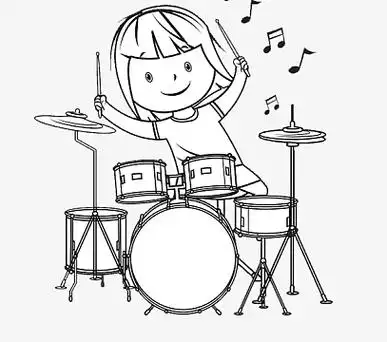 手绘卡通小女孩表演架子鼓
