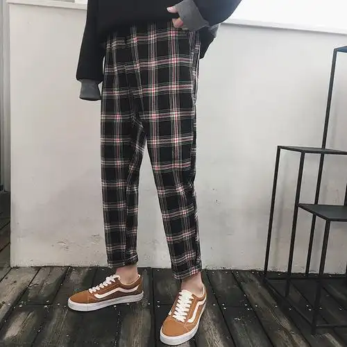 夏季帅气的九分裤子男格子英伦休闲裤青年大码直筒裤修身百搭