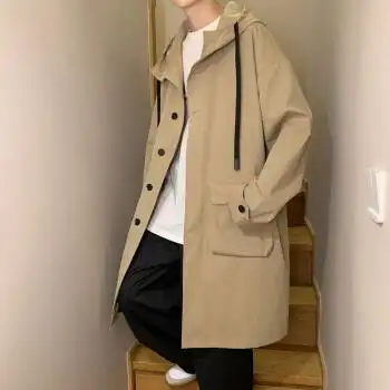 余潮 风衣男中长款外套男上衣服春秋新款时尚大码宽松韩版学生青年