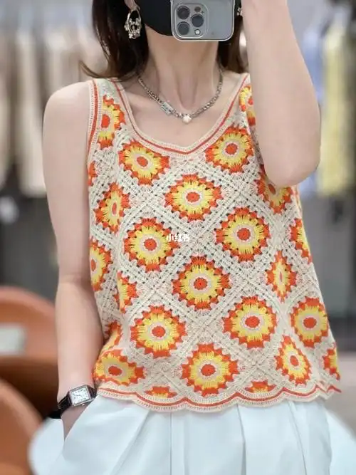 早秋背心手工钩花山羊绒