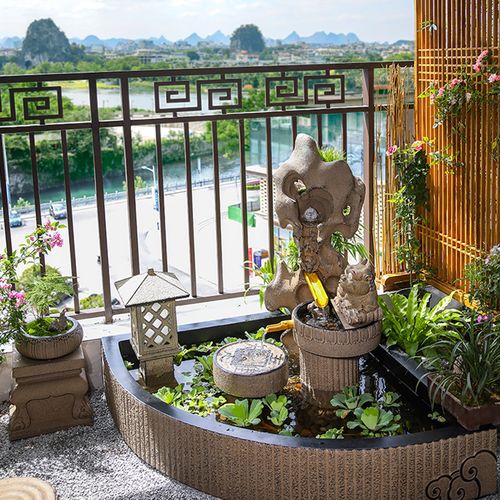 中式阳台鱼池水景庭院花园布置水池装饰造景流水摆件