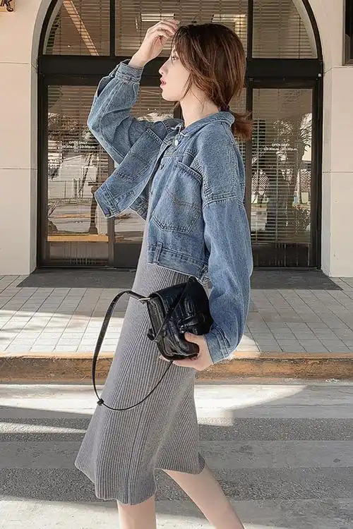 春装2019新款短款宽松韩版港风小个子百搭牛仔外套 中长款开叉修身v领