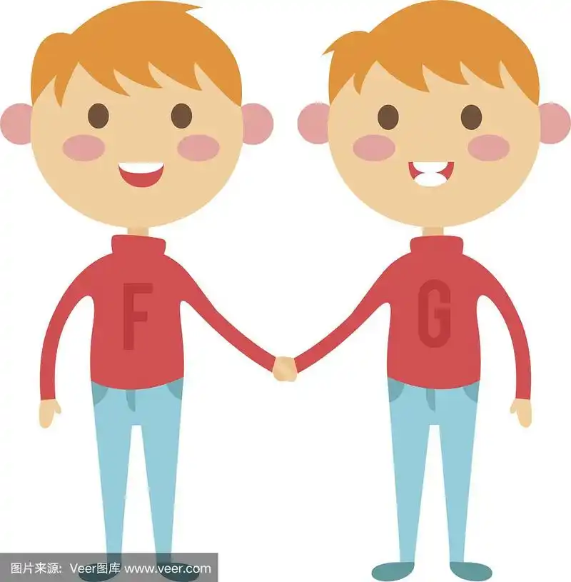 双胞胎快乐的孩子牵手男孩和女孩矢量插图