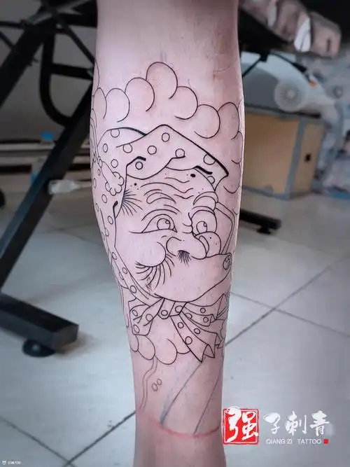 火男达摩蛋包小腿线条_纹身图案手稿图片_强子的纹身作品集