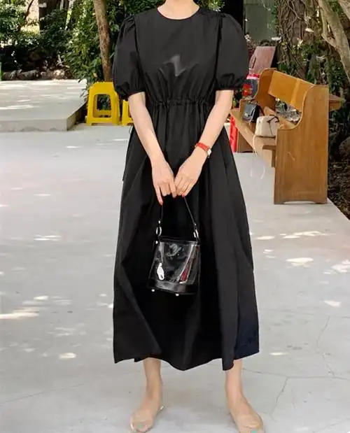 韩国宽松黑白色连衣裙女大码气质淑女中袖a字仙女裙子长裙夏 - 17网