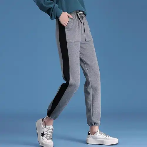 侧边条纹休闲卫裤女秋冬新款高腰显瘦灰色哈伦裤九分束脚运动裤潮