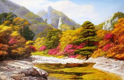 朝鲜油画 大尺寸山水油画 纯手绘 支持七天无理由退换货