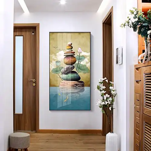 进门玄关画竖版招财风水过道走廊背景墙壁挂画石来运转禅意装饰画
