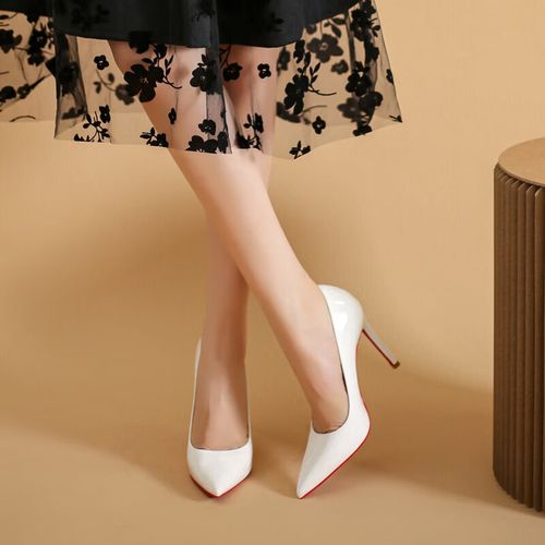 bm ins白色高跟鞋女2024新款百搭细跟气质红底尖头浅口性感工作漆皮单