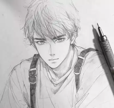 铅笔画 线稿黑白 动漫男